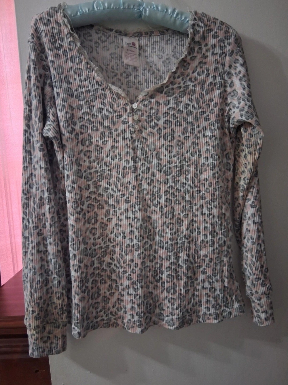 Secret Treasures Pink and Gray Leopard-Print Long Sleeve Henley